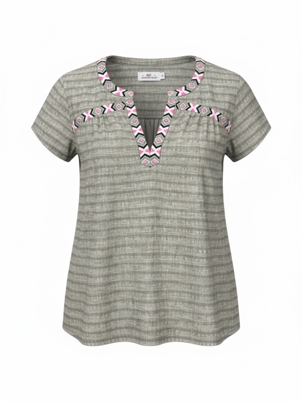 Vineyard Vines Embroidered Aztec Top Womens Size XS Cap Sleeve Taupe